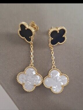 Black Onyx And Mother Of Pearl clover dangle earrings